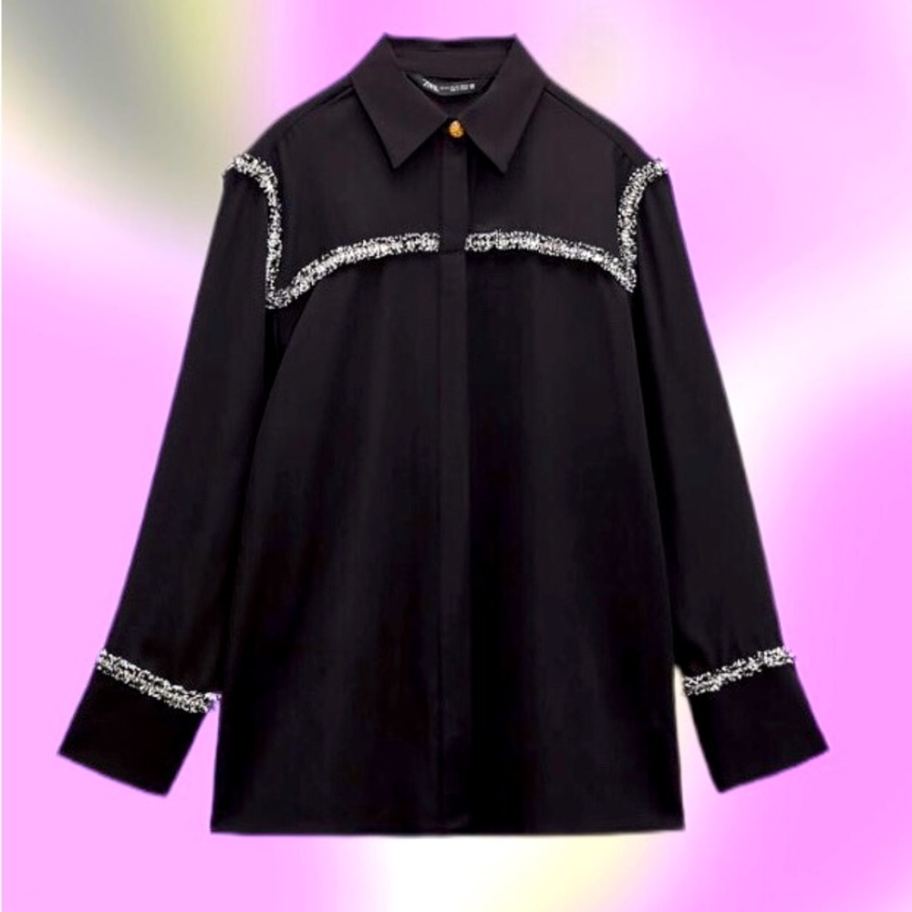 Zara Black Combination Textured Blouse, Women’s Size Large